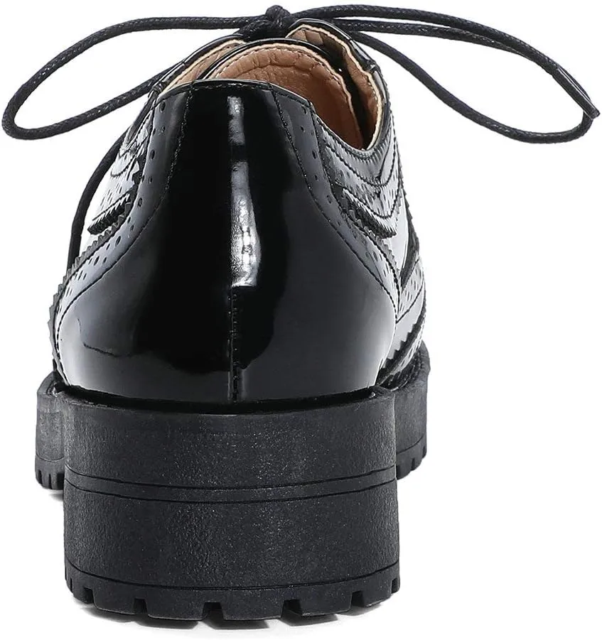 Parisuit Womens Lace Up Wingtip Oxford Pumps Round Toe Chunky Brogue Vintage Shoes
