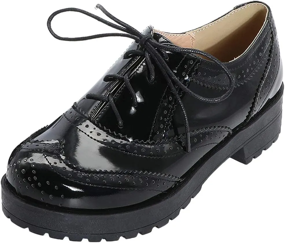Parisuit Womens Lace Up Wingtip Oxford Pumps Round Toe Chunky Brogue Vintage Shoes