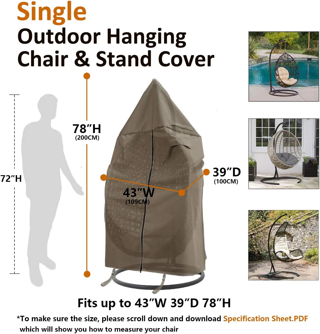 Patio Hanging Chair Cover with Adjustable X-Lock System and Zipper, Easy On Easy Off, Heavy Duty 100% Waterproof 600D Oxford Swing Egg Chair Winter Cover
