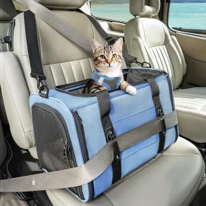 PETSFIT Soft-Sided Cat Carriers & Car Seats with Patent Safe Buckles, Clip-On Harness，18"x11"x11" Airline Approved Pet Carrier - 9 lbs Capacity (Blue)