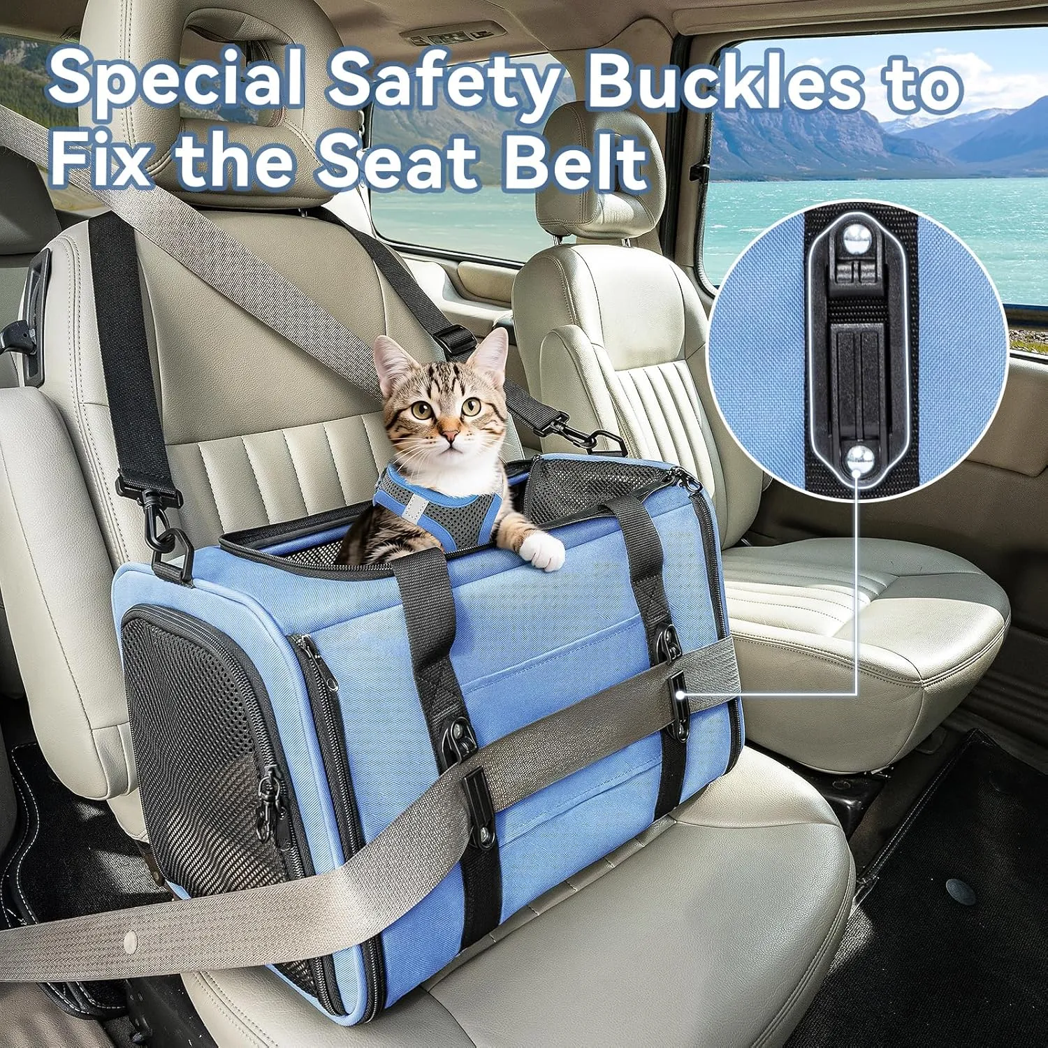 PETSFIT Soft-Sided Cat Carriers & Car Seats with Patent Safe Buckles, Clip-On Harness，18"x11"x11" Airline Approved Pet Carrier - 9 lbs Capacity (Blue)