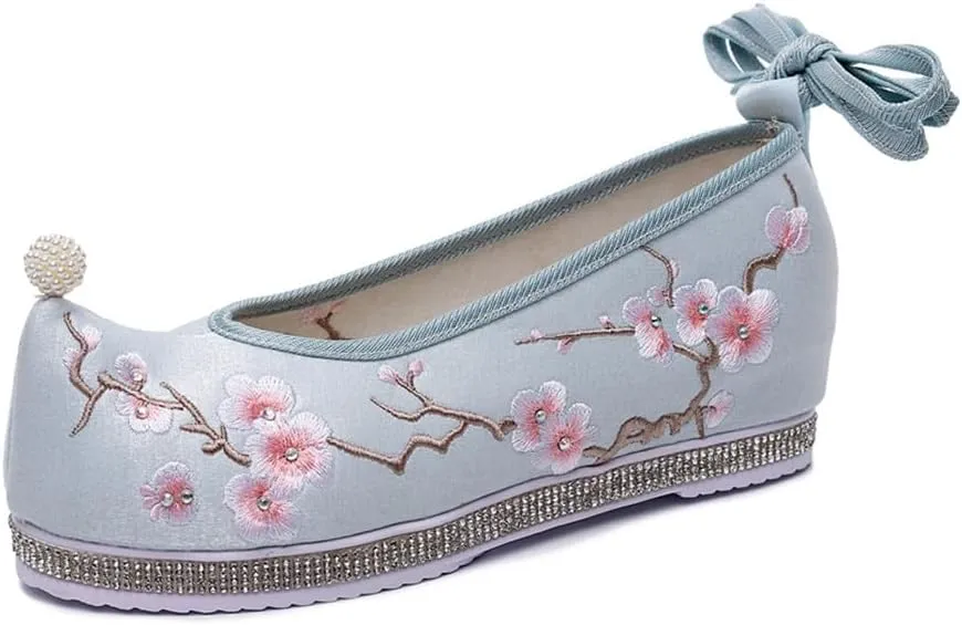 Plum Flower Embroidered Women Cotton Hanfu Platform Shoes Pointed Toe Casual Ankle Strap Sneakers