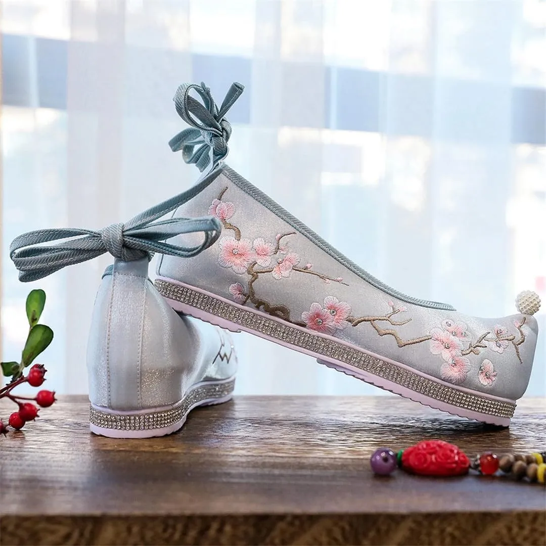 Plum Flower Embroidered Women Cotton Hanfu Platform Shoes Pointed Toe Casual Ankle Strap Sneakers