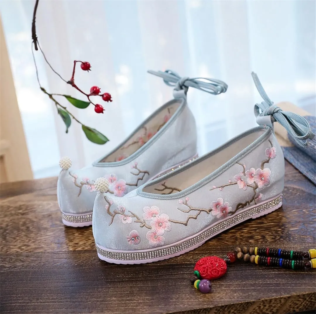 Plum Flower Embroidered Women Cotton Hanfu Platform Shoes Pointed Toe Casual Ankle Strap Sneakers