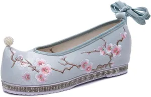 Plum Flower Embroidered Women Cotton Hanfu Platform Shoes Pointed Toe Casual Ankle Strap Sneakers