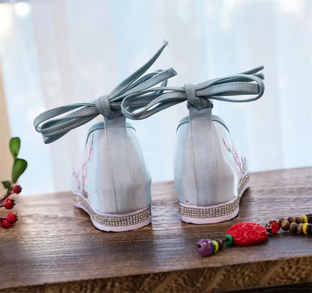 Plum Flower Embroidered Women Cotton Hanfu Platform Shoes Pointed Toe Casual Ankle Strap Sneakers