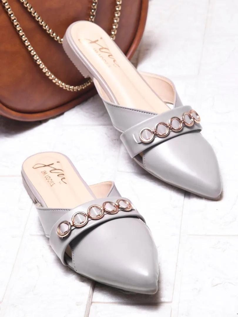 Pointed-Toe Flats with Circular Chain Detail