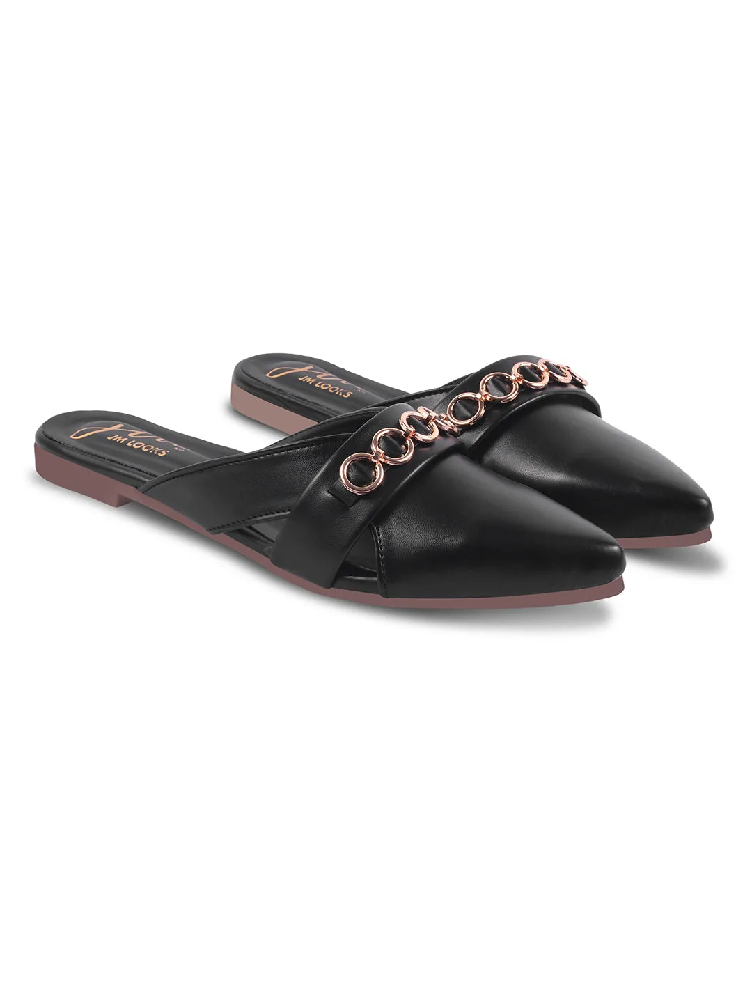 Pointed-Toe Flats with Circular Chain Detail