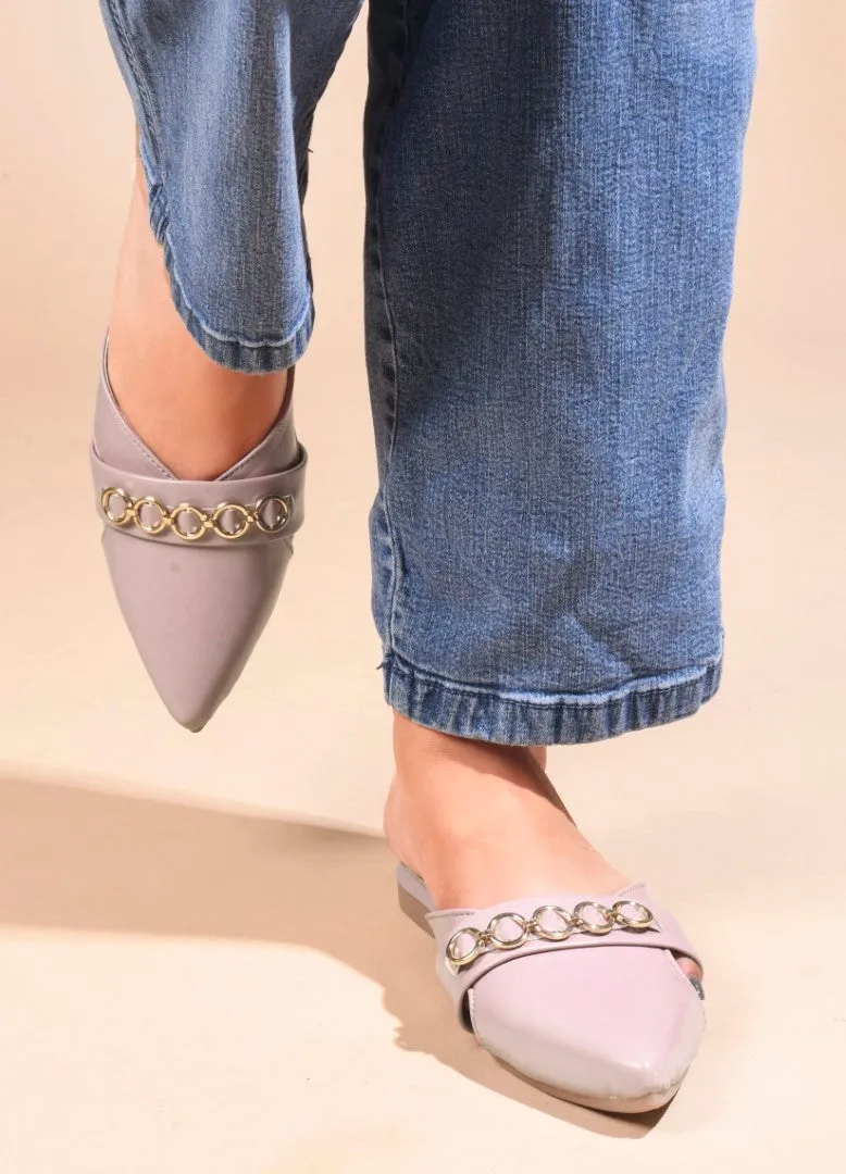 Pointed-Toe Flats with Circular Chain Detail