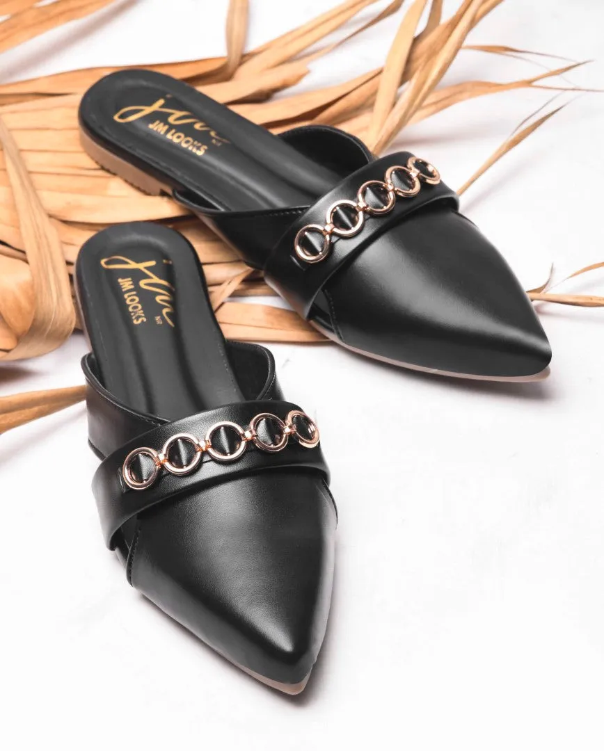 Pointed-Toe Flats with Circular Chain Detail