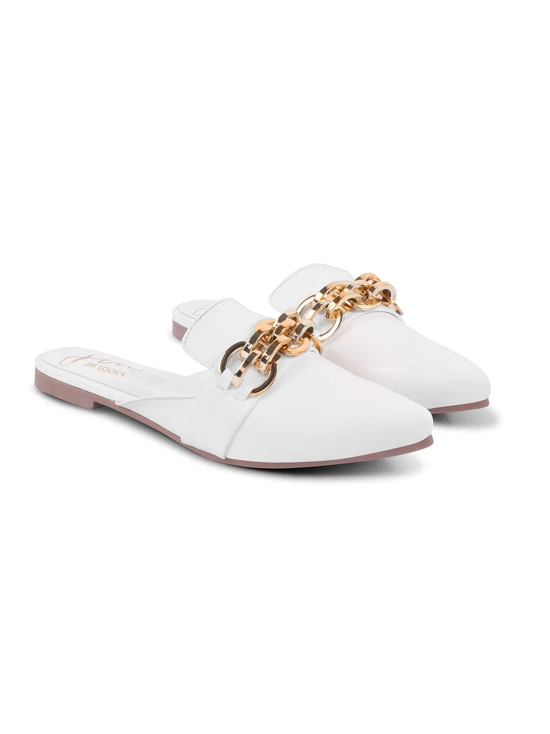 Pointed-Toe Flats with Gold Chain Accent