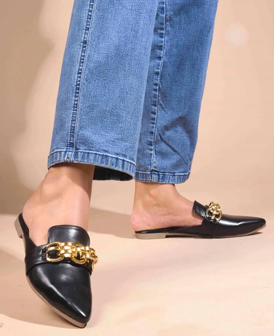 Pointed-Toe Flats with Gold Chain Accent
