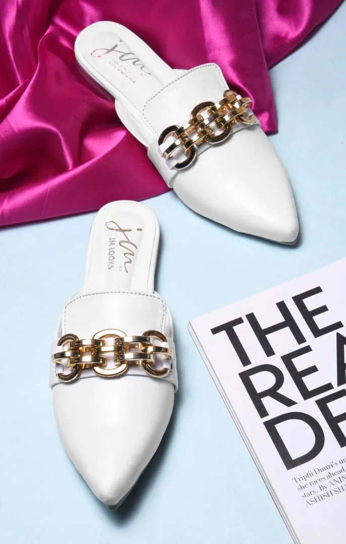 Pointed-Toe Flats with Gold Chain Accent