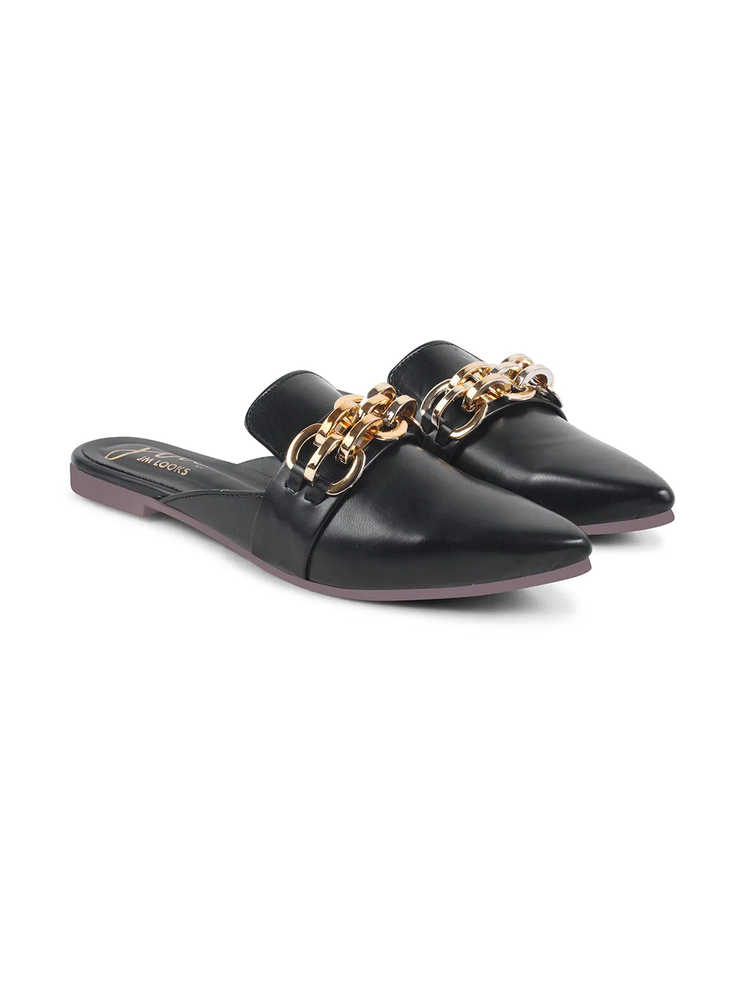 Pointed-Toe Flats with Gold Chain Accent