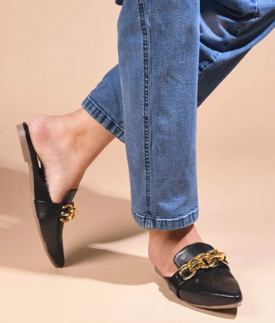 Pointed-Toe Flats with Gold Chain Accent