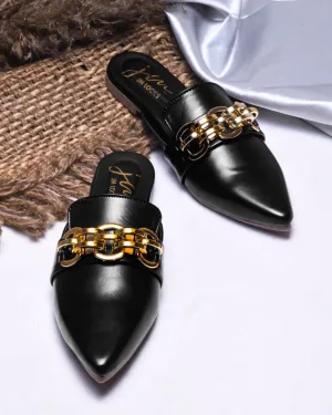 Pointed-Toe Flats with Gold Chain Accent