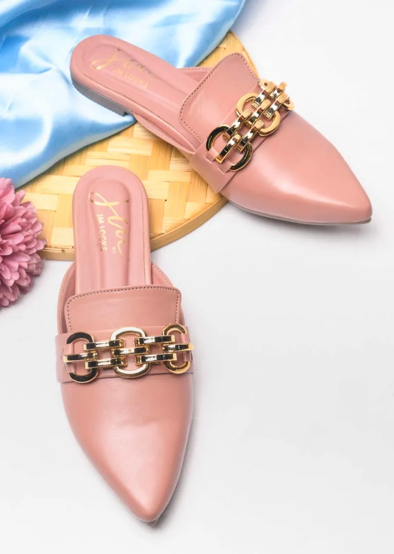 Pointed-Toe Flats with Gold Chain Accent
