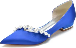 Pointed Toe Pearl Wedding Flats Comfortable Low Heels Slip On Champagne Wedding Shoes for Bride Satin Bridal Shoes Dress Pumps for Women