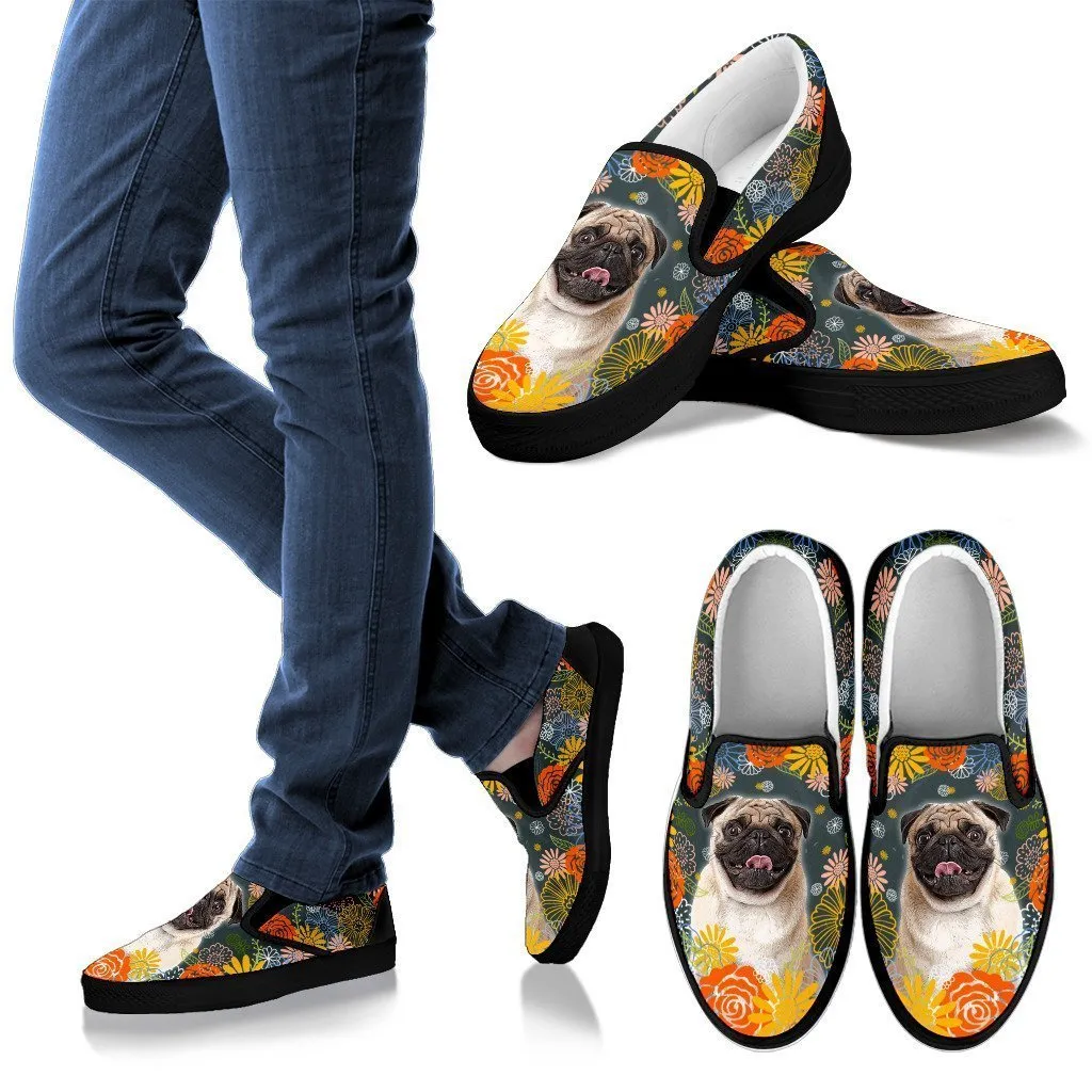 Pug Dog Floral Slip Ons Shoes For Dog Mom
