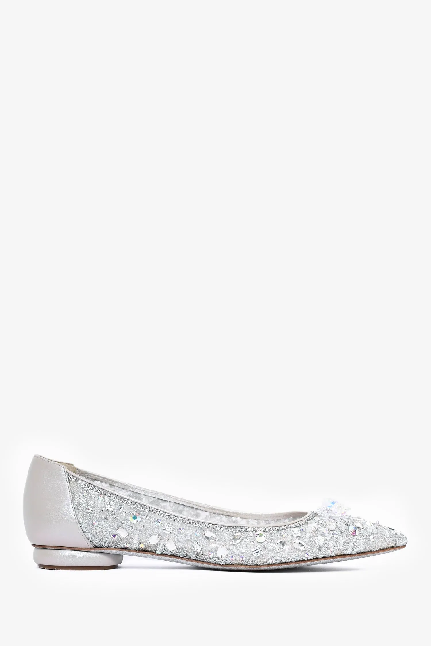 Rene Caovilla Silver Crystal Embellished 'Cinderella' Pointed Toe Flats Size 38