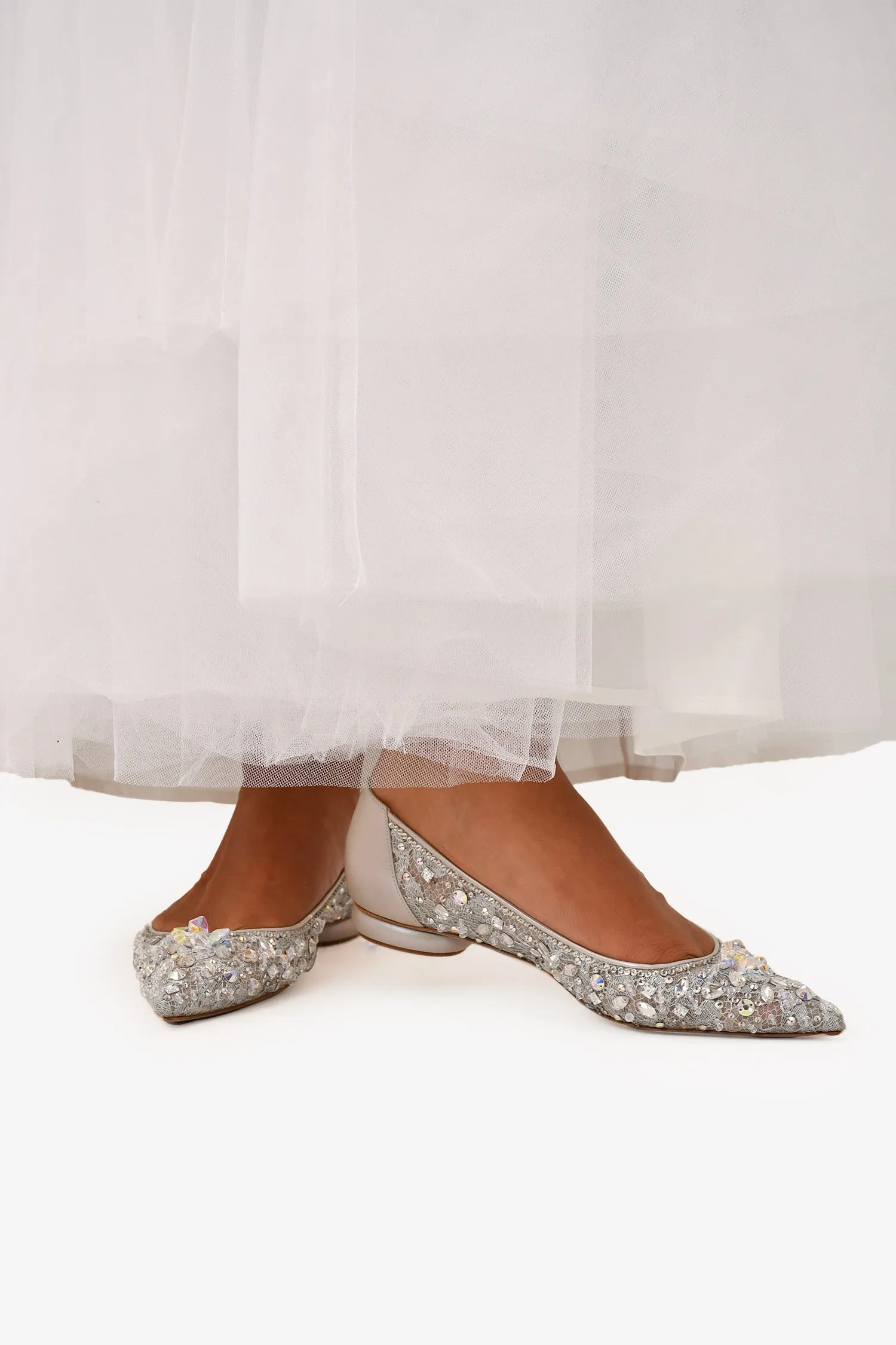 Rene Caovilla Silver Crystal Embellished 'Cinderella' Pointed Toe Flats Size 38