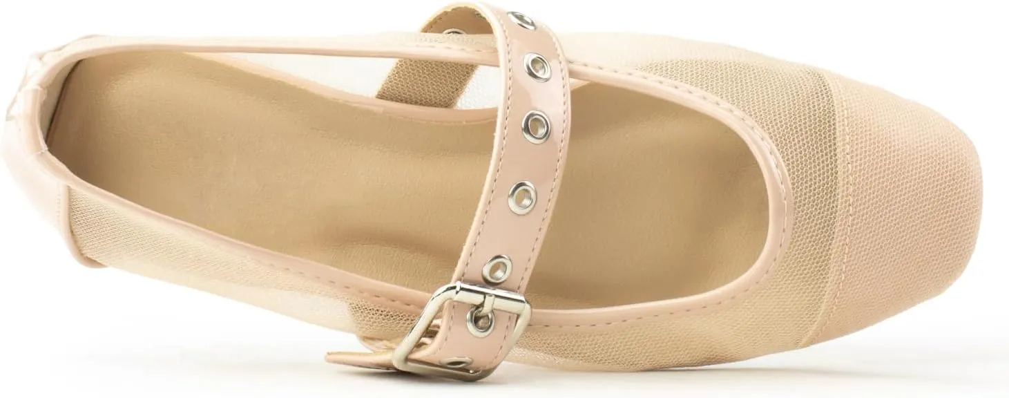 RF ROOM OF FASHION Women's Buckle Strap Mary Jane Mesh Ballet Flats