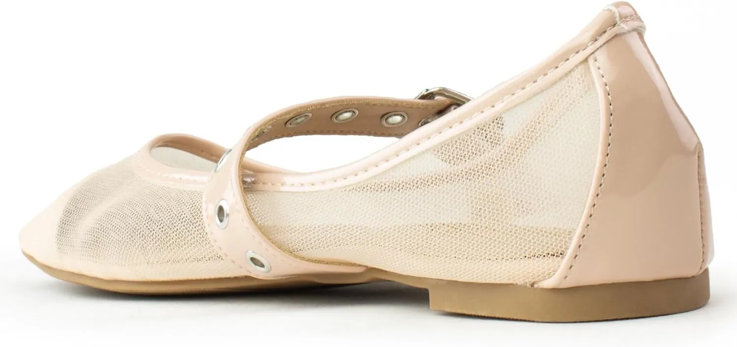RF ROOM OF FASHION Women's Buckle Strap Mary Jane Mesh Ballet Flats