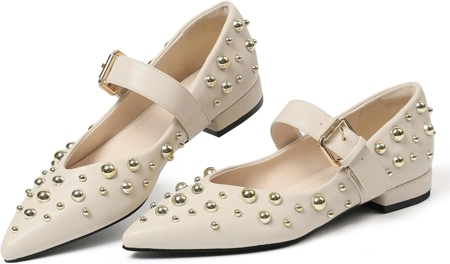 Rivets Ballet Flats Shoes for Women Pointed Toe Mary Jane Flats with Buckle Strap Rhinestone Ballerina Flats for Women Casual Dress Shoes
