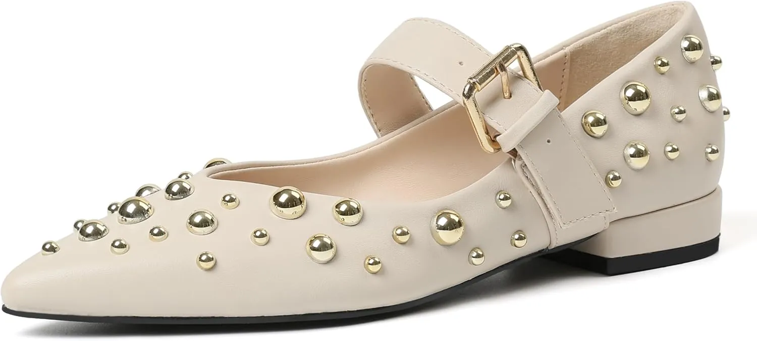 Rivets Ballet Flats Shoes for Women Pointed Toe Mary Jane Flats with Buckle Strap Rhinestone Ballerina Flats for Women Casual Dress Shoes