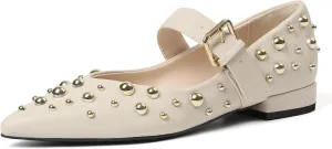 Rivets Ballet Flats Shoes for Women Pointed Toe Mary Jane Flats with Buckle Strap Rhinestone Ballerina Flats for Women Casual Dress Shoes