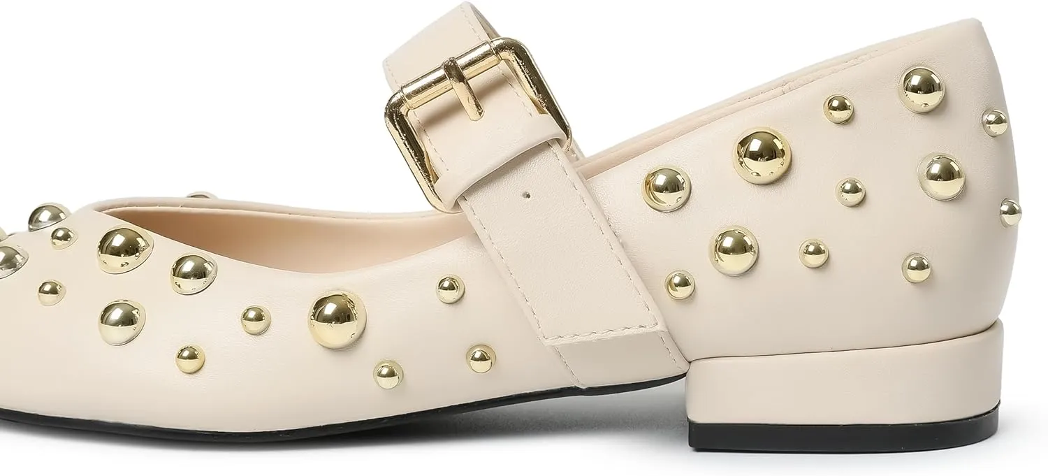 Rivets Ballet Flats Shoes for Women Pointed Toe Mary Jane Flats with Buckle Strap Rhinestone Ballerina Flats for Women Casual Dress Shoes