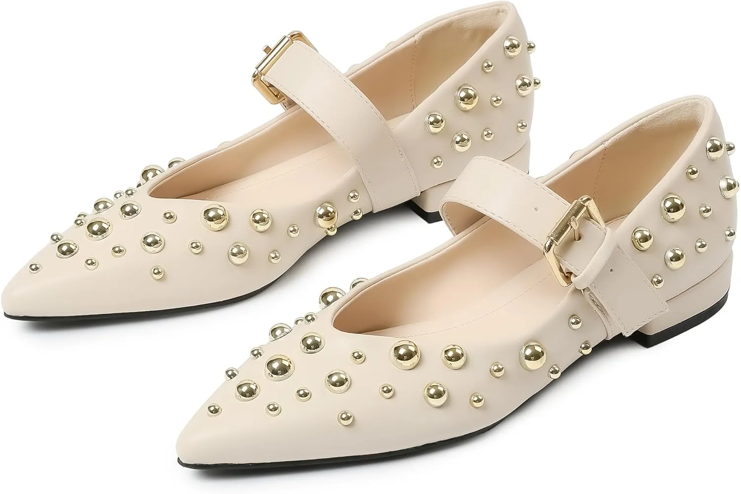 Rivets Ballet Flats Shoes for Women Pointed Toe Mary Jane Flats with Buckle Strap Rhinestone Ballerina Flats for Women Casual Dress Shoes