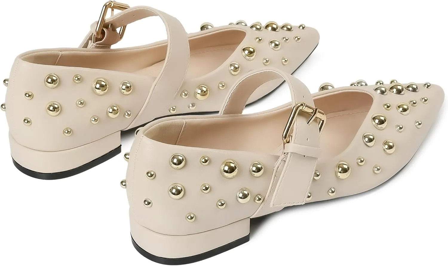 Rivets Ballet Flats Shoes for Women Pointed Toe Mary Jane Flats with Buckle Strap Rhinestone Ballerina Flats for Women Casual Dress Shoes