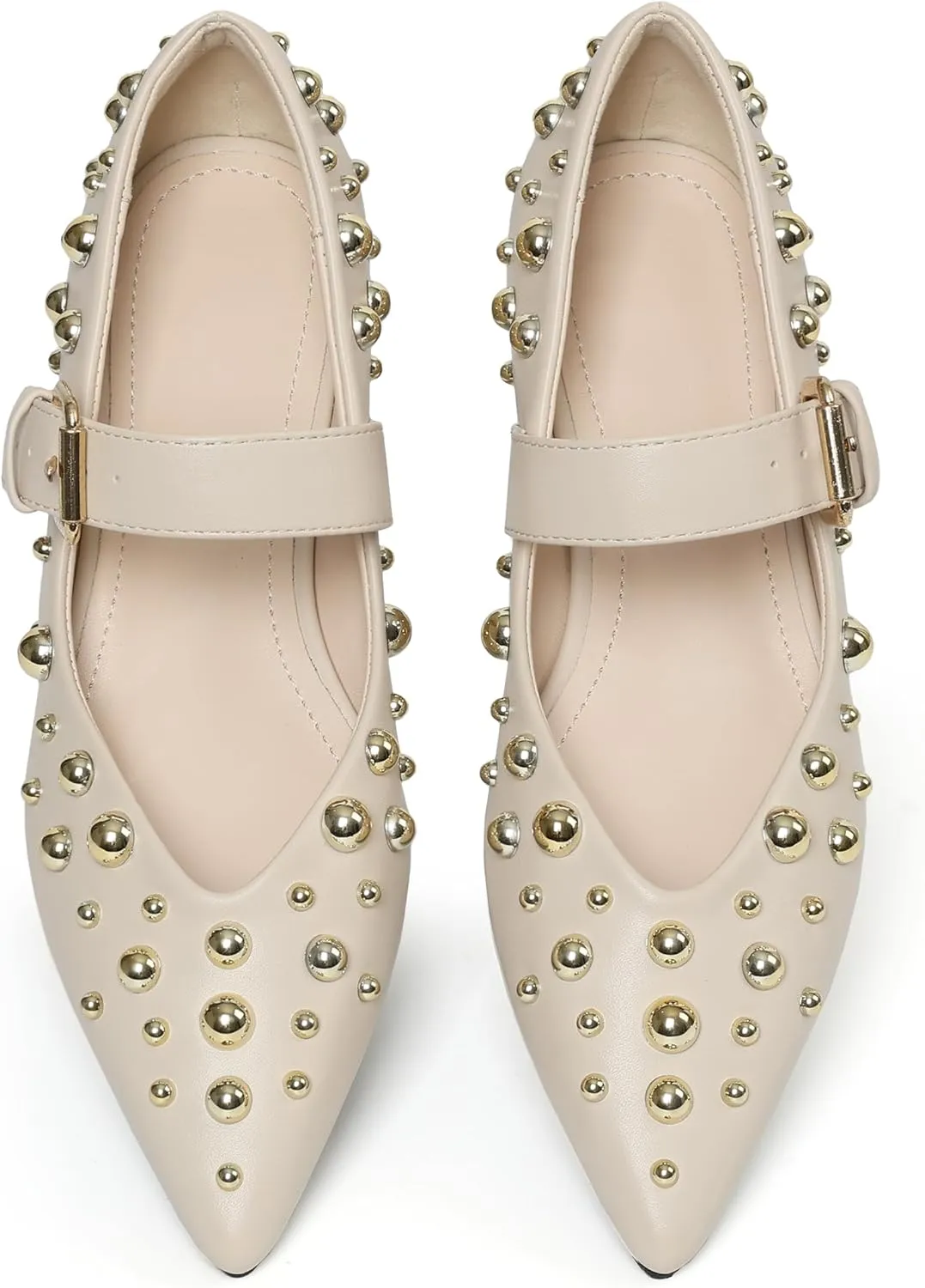 Rivets Ballet Flats Shoes for Women Pointed Toe Mary Jane Flats with Buckle Strap Rhinestone Ballerina Flats for Women Casual Dress Shoes