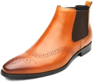 Rui Landed Premium Genuine Leather Chelsea Boot for Men Ankle Boot Brogue Carving Pull On Style Wingtip Flats Heel Pointed Toe Solid Colors (Color : Brown, Size : 5 M US)