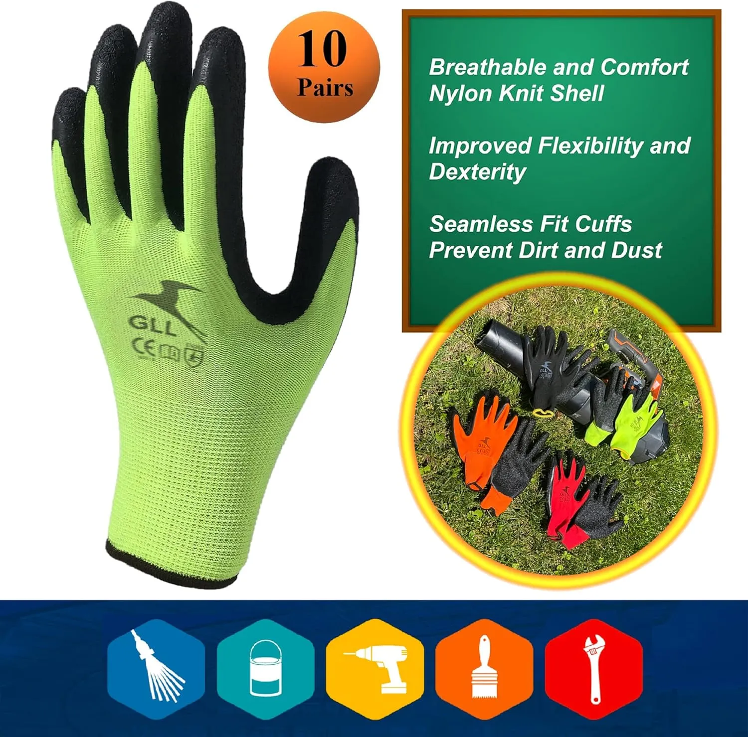 Safety Work Gloves Latex Coated for Men and Women 10-Pair-Pack Knit Firm Grip