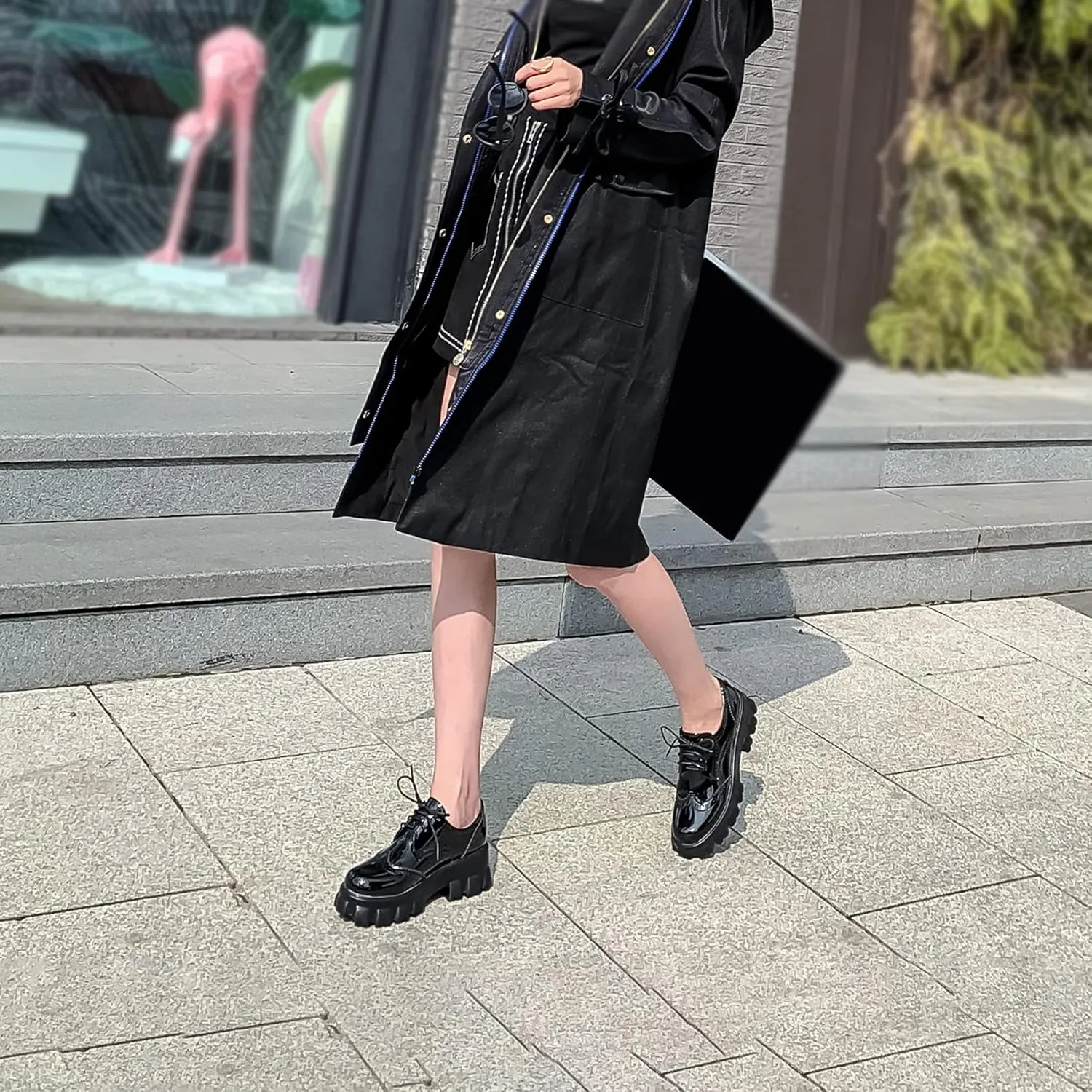 SEIFIN Gothic Lug Sole Oxfords for Women Patent Leather Chunky Heels Platform Pumps Height Increase Lace Up Shoes with Buckled
