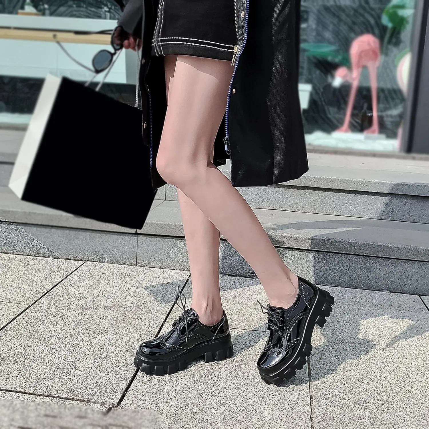 SEIFIN Gothic Lug Sole Oxfords for Women Patent Leather Chunky Heels Platform Pumps Height Increase Lace Up Shoes with Buckled