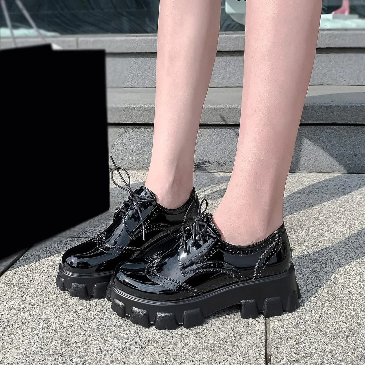 SEIFIN Gothic Lug Sole Oxfords for Women Patent Leather Chunky Heels Platform Pumps Height Increase Lace Up Shoes with Buckled