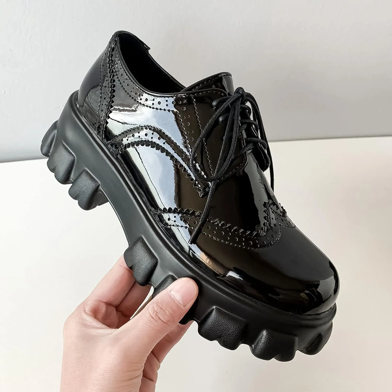 SEIFIN Gothic Lug Sole Oxfords for Women Patent Leather Chunky Heels Platform Pumps Height Increase Lace Up Shoes with Buckled