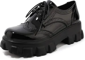 SEIFIN Gothic Lug Sole Oxfords for Women Patent Leather Chunky Heels Platform Pumps Height Increase Lace Up Shoes with Buckled