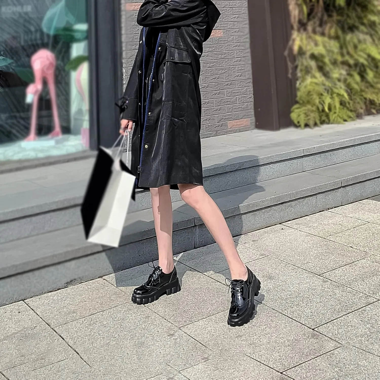 SEIFIN Gothic Lug Sole Oxfords for Women Patent Leather Chunky Heels Platform Pumps Height Increase Lace Up Shoes with Buckled