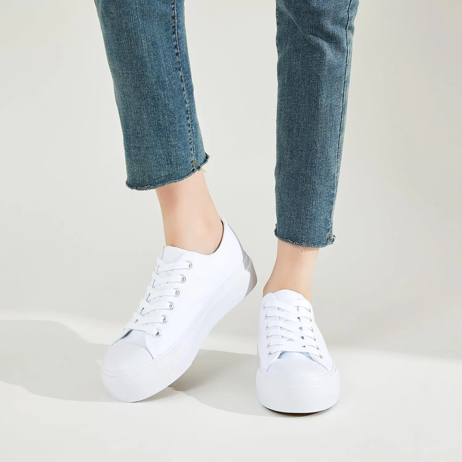 SERNIAL Womens White Platform Sneakers Low Top Platform Shoes Black Canvas Shoes for Women