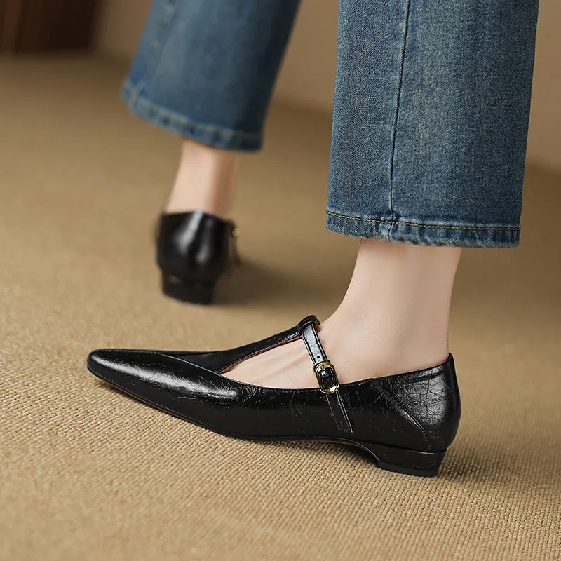 Sheepskin Pointed Toe T-Strap Buckle Low Heel Mary Jane Dress Shoes Women's Shoes