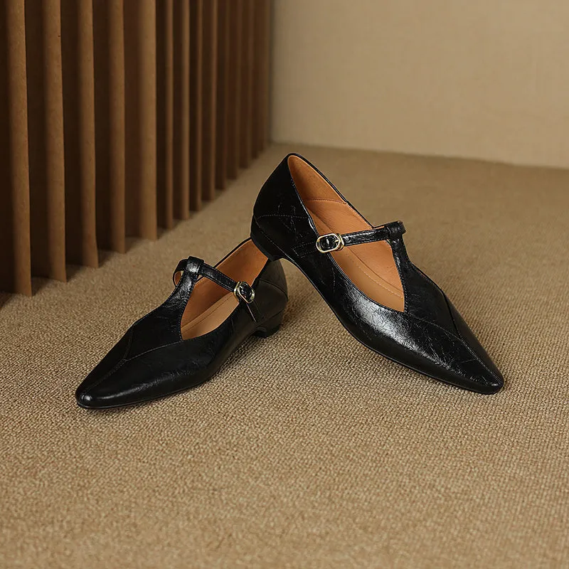 Sheepskin Pointed Toe T-Strap Buckle Low Heel Mary Jane Dress Shoes Women's Shoes