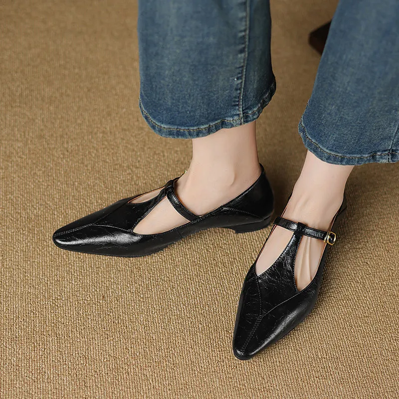 Sheepskin Pointed Toe T-Strap Buckle Low Heel Mary Jane Dress Shoes Women's Shoes