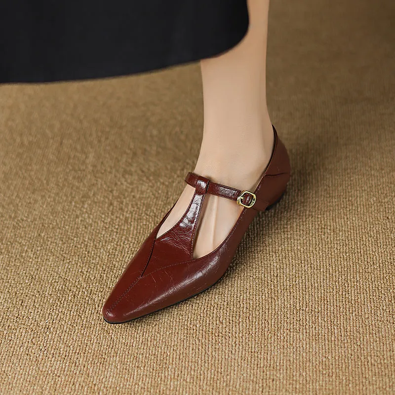Sheepskin Pointed Toe T-Strap Buckle Low Heel Mary Jane Dress Shoes Women's Shoes