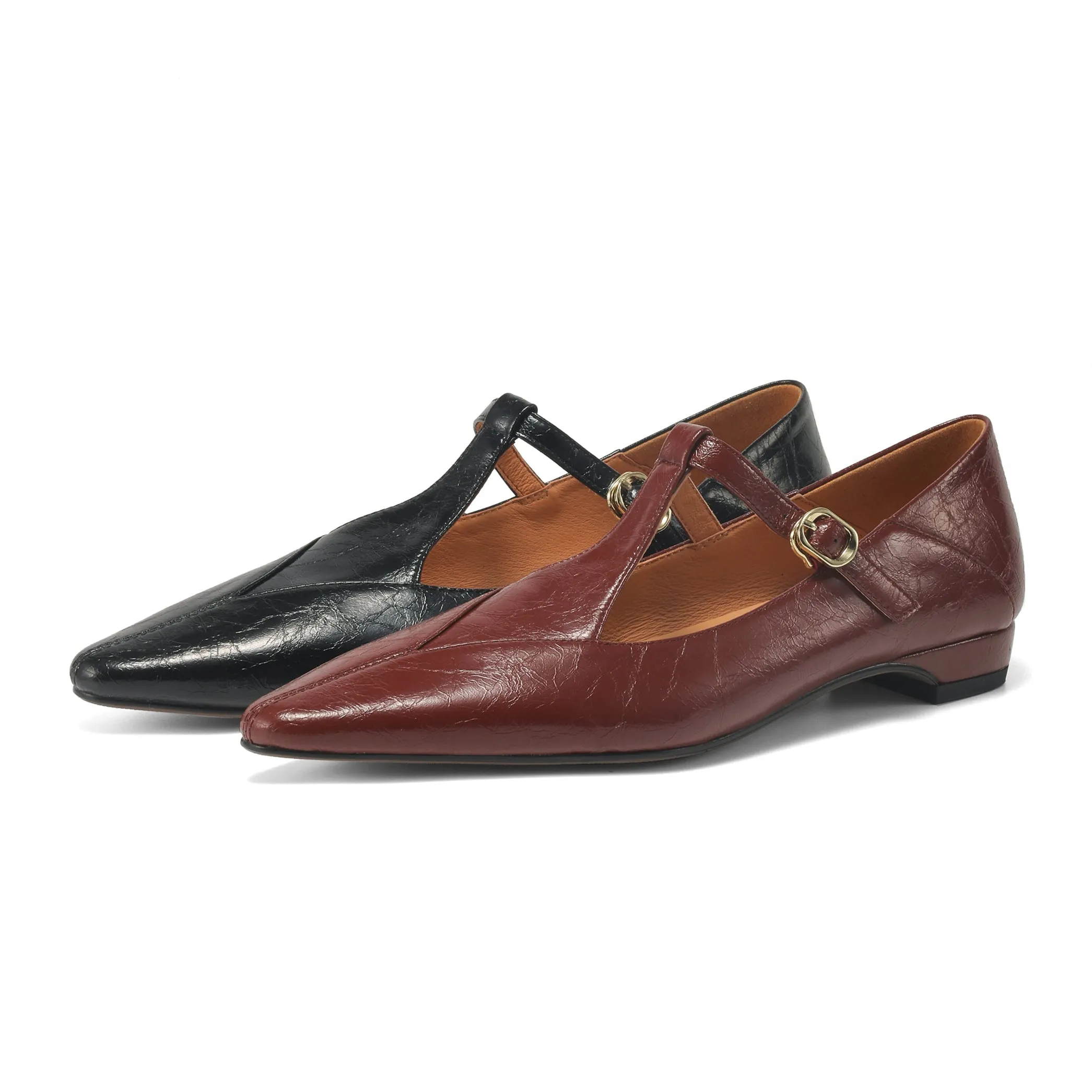 Sheepskin Pointed Toe T-Strap Buckle Low Heel Mary Jane Dress Shoes Women's Shoes