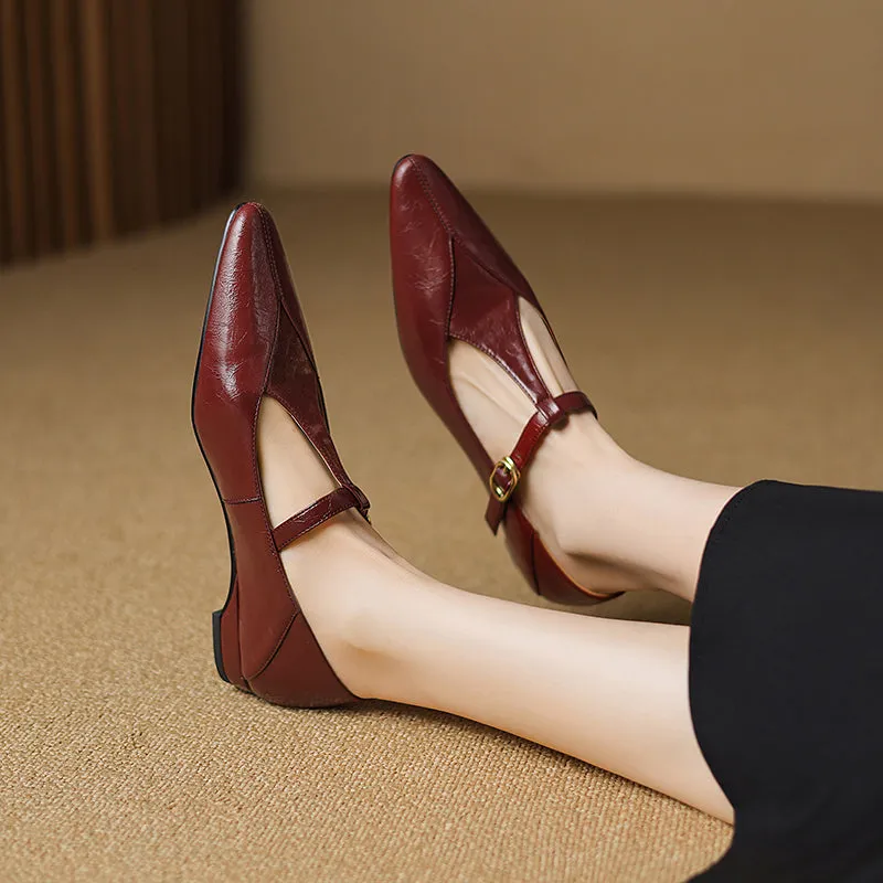 Sheepskin Pointed Toe T-Strap Buckle Low Heel Mary Jane Dress Shoes Women's Shoes