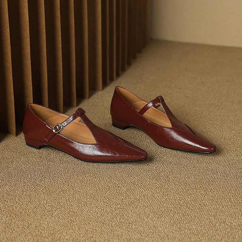 Sheepskin Pointed Toe T-Strap Buckle Low Heel Mary Jane Dress Shoes Women's Shoes